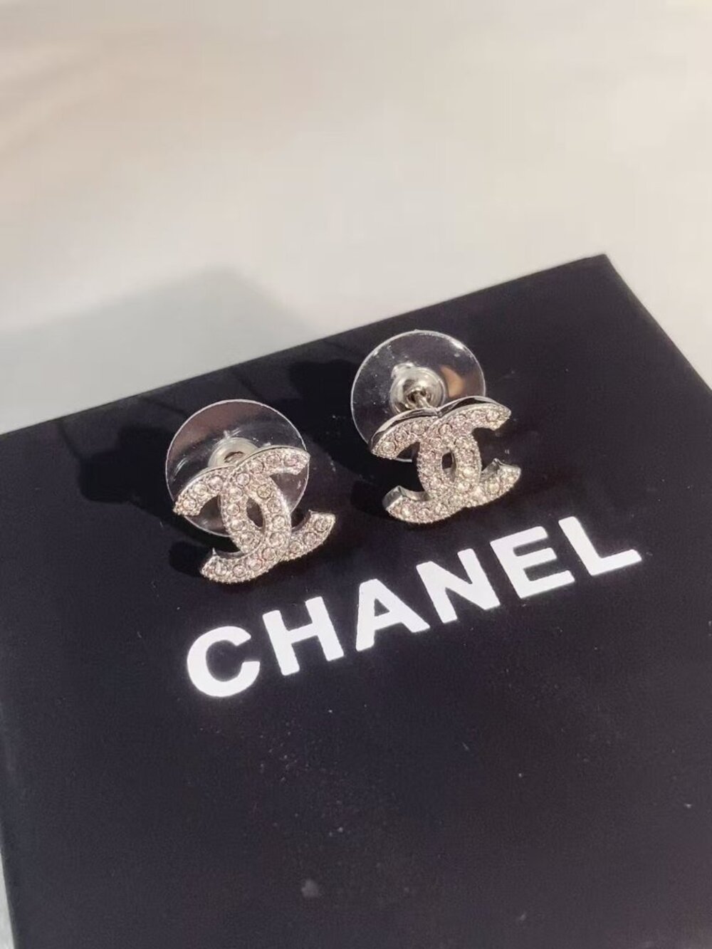Chanel Classic CC Silver Rhinestone Stud Earrings - Picture 5 of 6